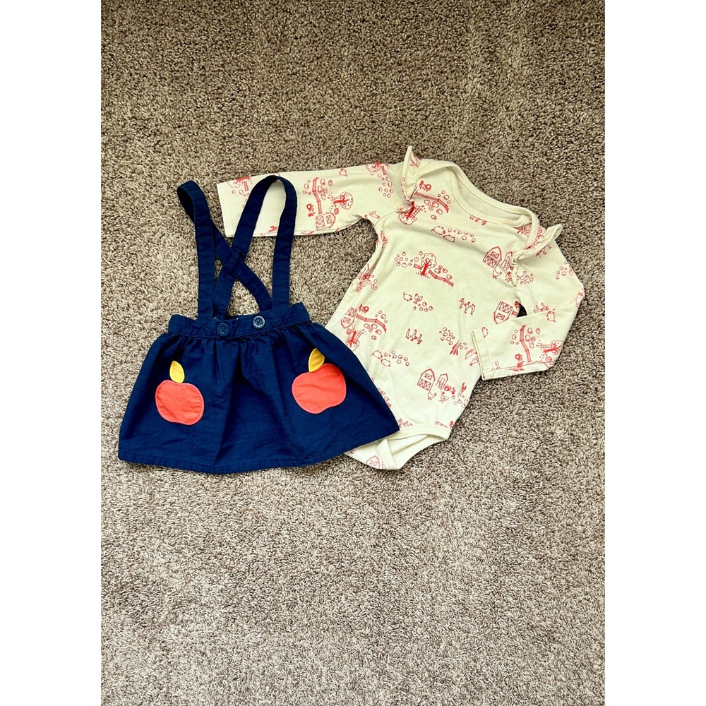 Cat & Jack Baby Girl‎ Farm Bodysuit and Apple Suspender Skirt Set 18M Navy Cream